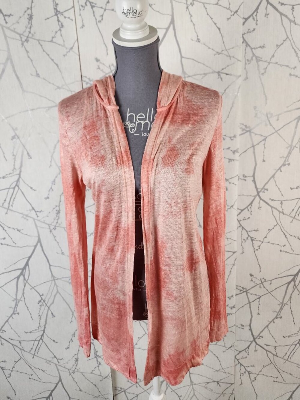 Rachel Zoe Salmon Tie Dye 100% Linen Knit Open Hooded Cardigan